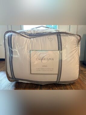 Charisma King Cotton Sateen Comforter Set in white with grey/blue stripe